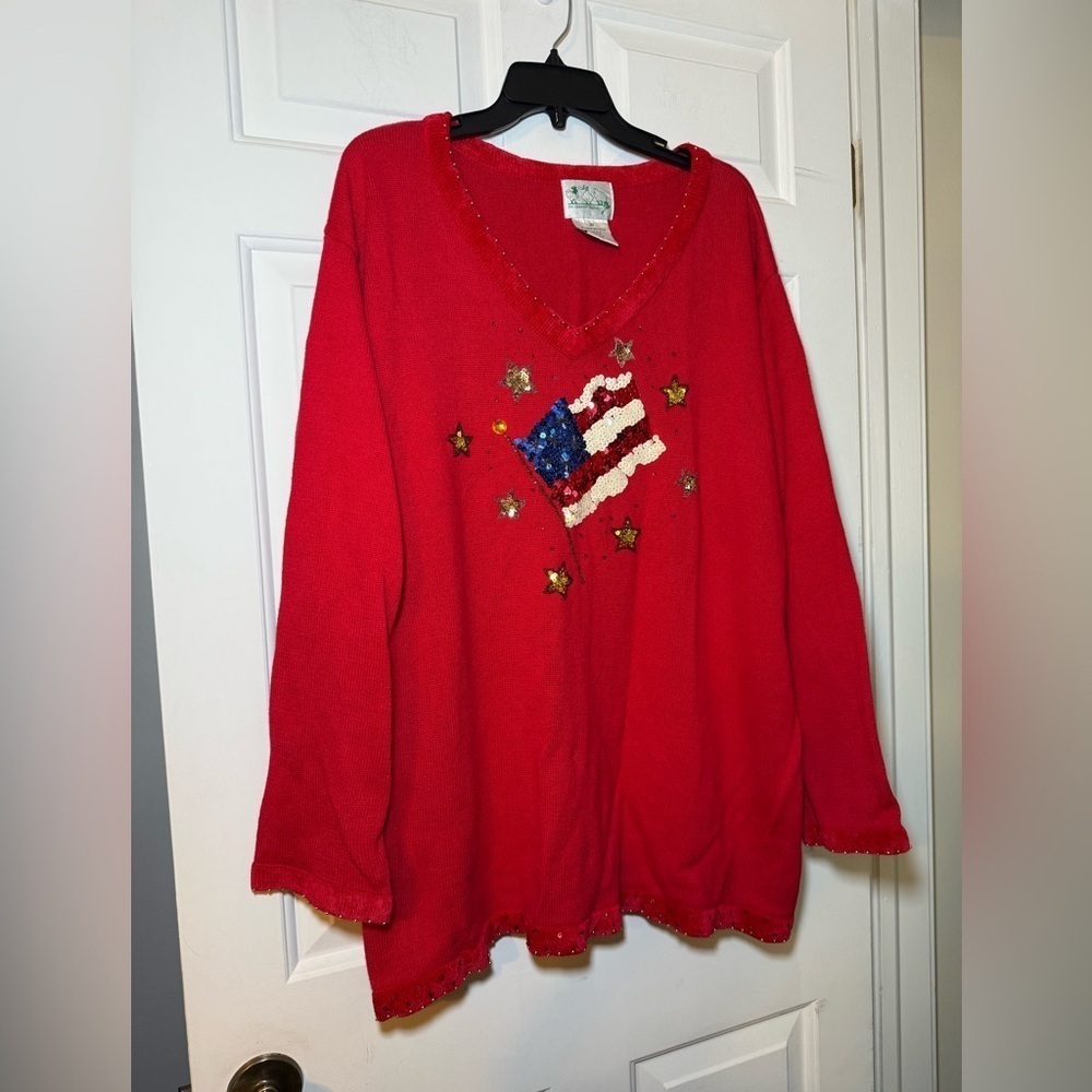 Quacker Factory Red V Neck Sweater Sequined Flag & Stars 3X Plus Beads Patriotic